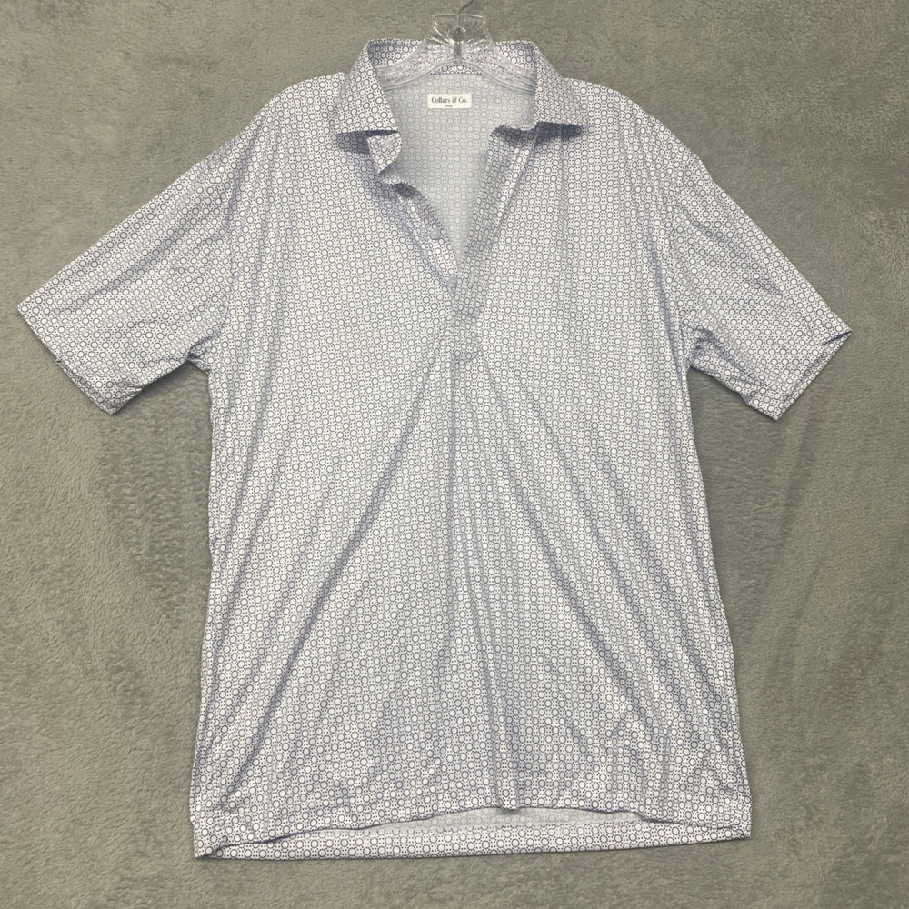 Collars & Co Mens Large Dress Collar Polo Blue Geometric Circle Golf Shirt 18019
